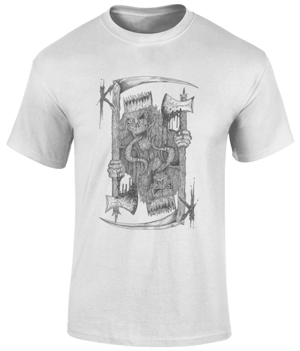POISON VALLEY CLOTHING "ZOMBIE KING" UNISEX T SHIRT.  Hand drawn artwork by David Pankhurst.  Available in Black and White.  Material: 100% cotton.  Seamless twin needle collar. Taped neck and shoulders. Tubular body. Twin needle sleeves and hem. SIZES: Small, Medium, Large, X-Large 2XL, 3XL, 4XL and 5XL