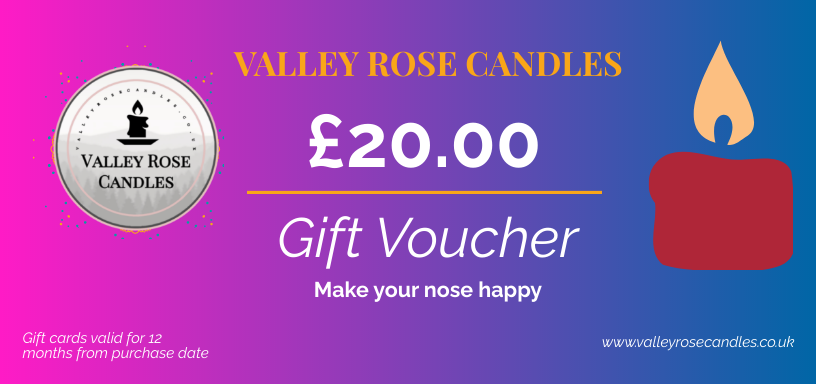 Why not get yourself a gift voucher for yourself or for someone you love. The perfect little pressie for a wax addict in your life. This gift voucher can be used on any hand crafted Valley Rose Candles wax product on our store Treat yourself or someone else you adore to a £20.00 GIFT VOUCHER. It's the perfect small gift for any fellow wax lover. Use it to snag any of our handmade Valley Rose Candles products!  