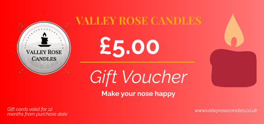 Need the perfect present for you or another wax enthusiast? Then take a gander at our £5.00 GIFT VOUCHER! Whether it's for you or someone you love, this voucher can be used on any of our handcrafted Valley Rose Candles wax goods. It's a must-have gift for any wax addict out there! Don't wait, get your hands on one of our handcrafted items now!