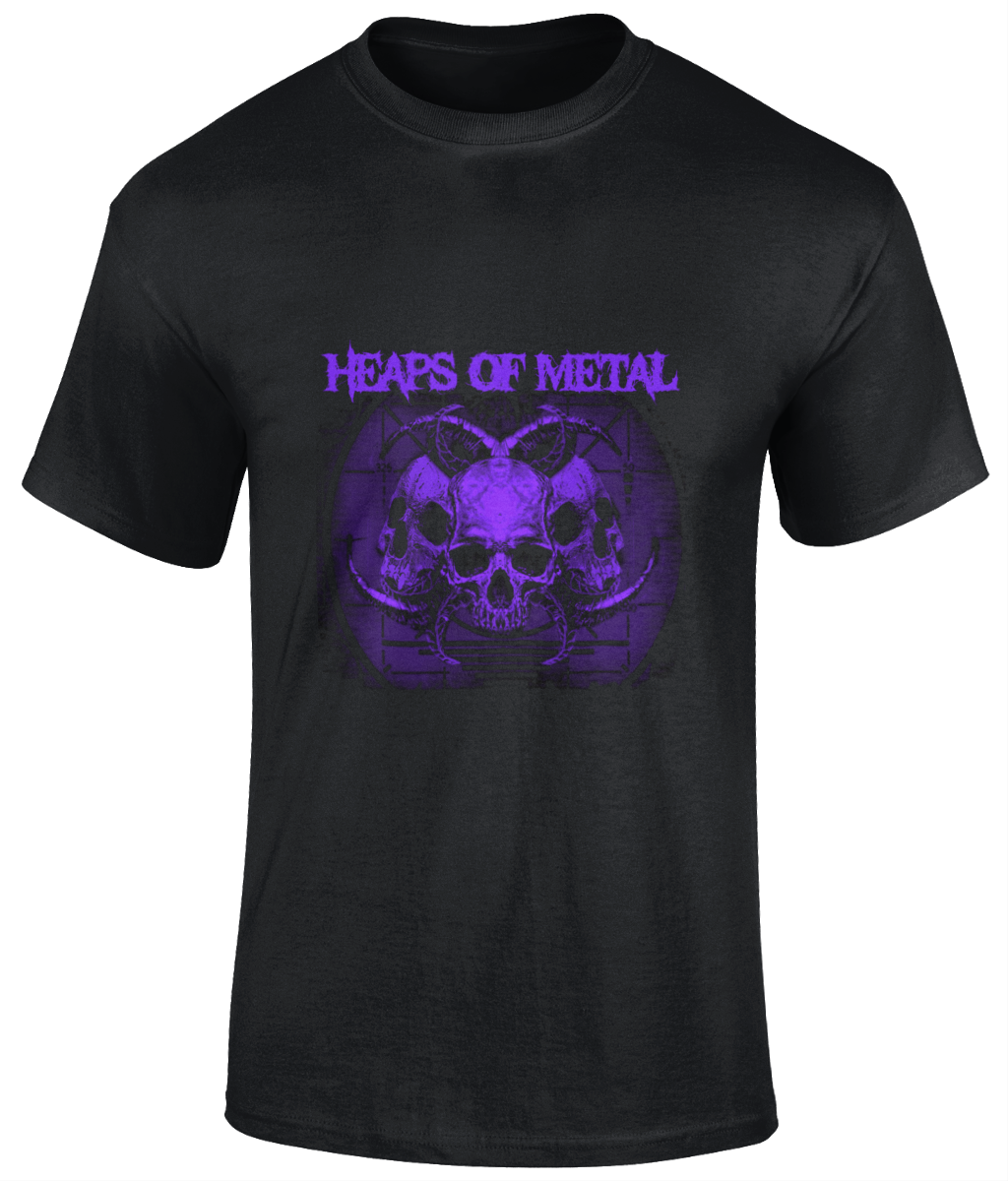 POISON VALLEY CLOTHING "HEAPS OF METAL ARTWORK" in purple on black unisex t shirt  Material: 100% cotton.  Seamless twin needle collar. Taped neck and shoulders. Tubular body. Twin needle sleeves and hem. Sizes small to 5XL