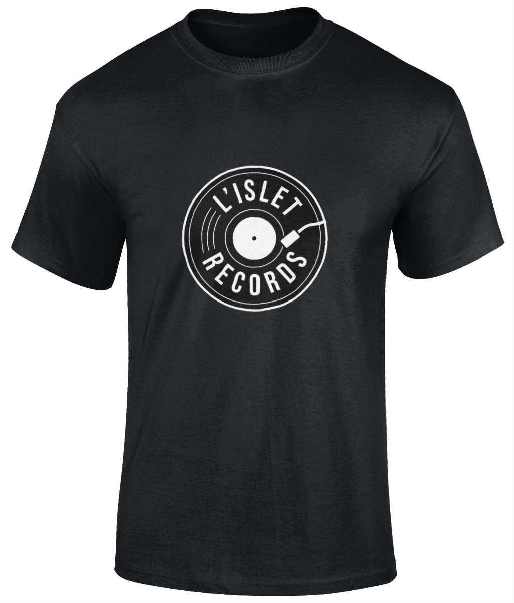 Black unisex t shirt with L'iSLET RECORDS logo  Material: 100% cotton.  Seamless twin needle collar. Taped neck and shoulders. Tubular body. Twin needle sleeves and hem. Black Sizes:  S, M, L,  XL,  2XL,  3XL,  4XL,  5XL
