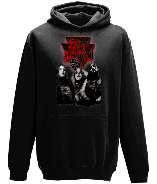 IRON SERPENT black hoodie features the band photo with logo on front and the band logo on reverse.  This simple and stylish classic hoodie is available now!  Made from cotton faced fabric, it is an essential for any hoodie lover.