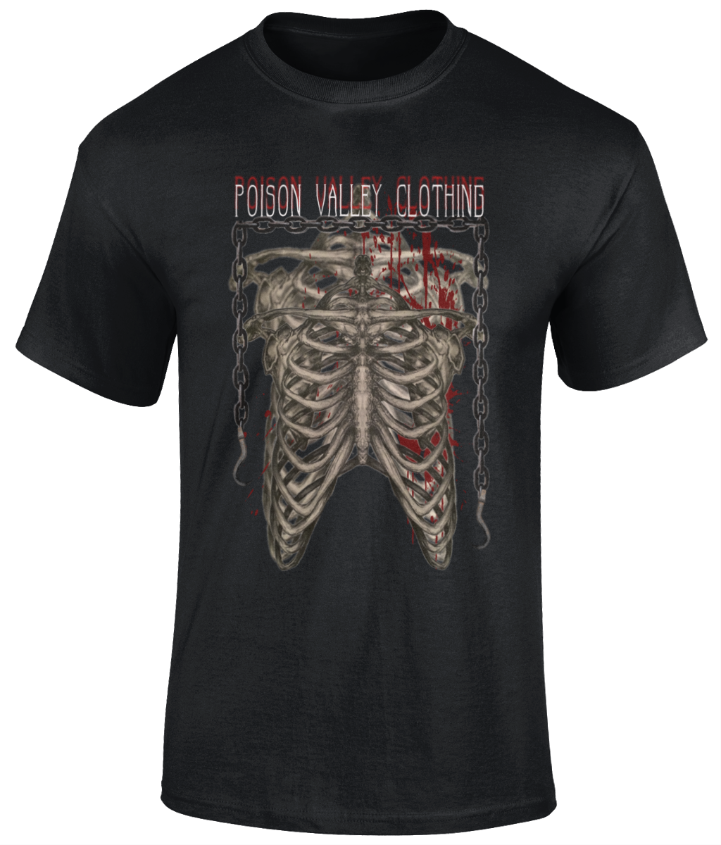 POISON VALLEY CLOTHING "RIBS AND CHAINS"  Original artwork by David Pankhurst  Material: 100% cotton.*  Seamless twin needle collar. Taped neck and shoulders. Tubular body. Twin needle sleeves and hem. Black Sizes small to 5XL
