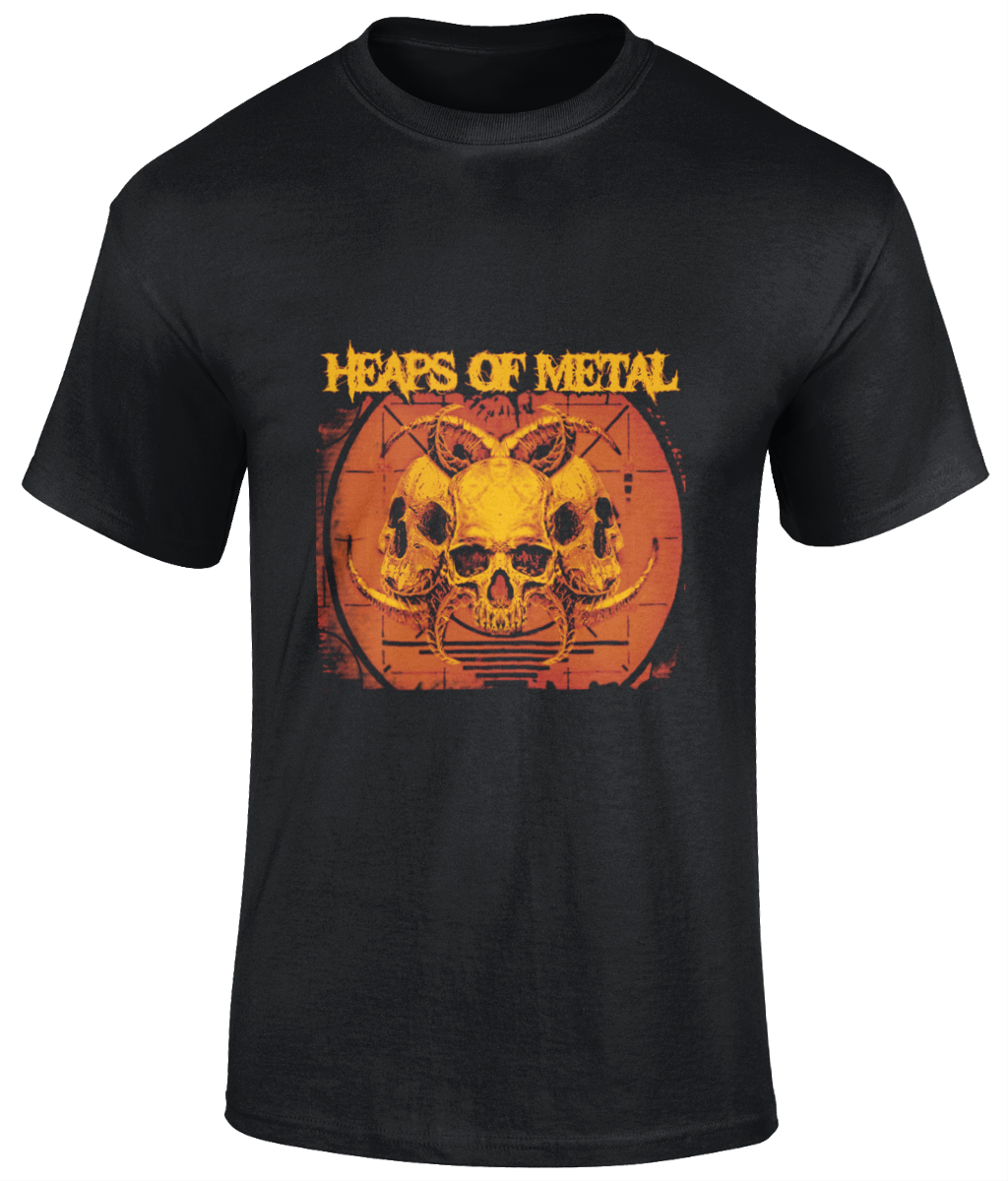 POISON VALLEY CLOTHING "HEAPS OF METAL ARTWORK" in orange on black unisex t shirt  Material: 100% cotton.  Seamless twin needle collar. Taped neck and shoulders. Tubular body. Twin needle sleeves and hem. Sizes small to 5XL