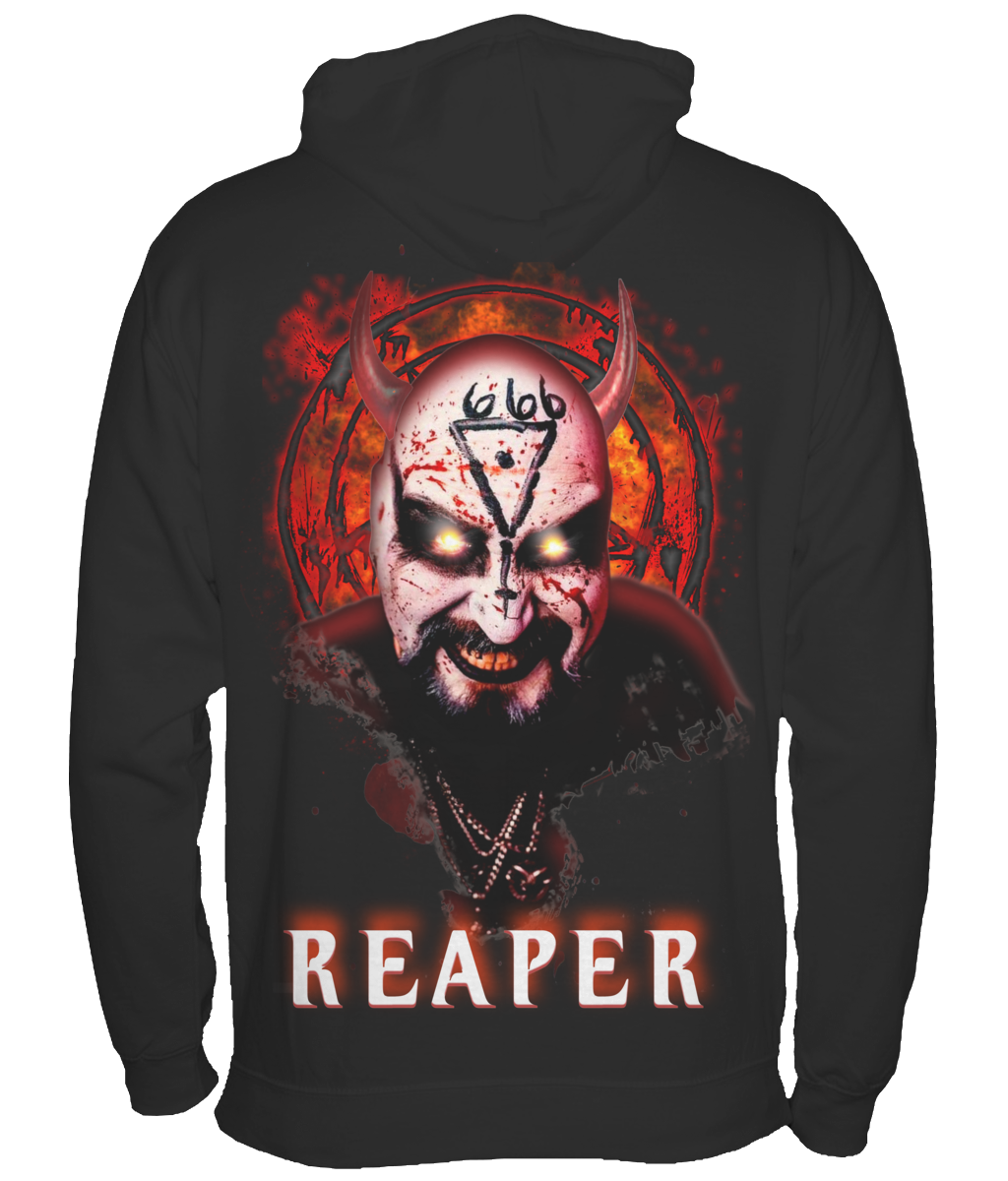 POISON VALLEY CLOTHING "REAPER" unisex hoodie  This simple and stylish classic hoodie will get the heads turning.  The front features a pentagram in flames.  With a HUGE back print featuring REAPER.  Made from cotton faced fabric ideal, it is an essential for any hoodie lover.  Fabric  80% ring spun cotton/20% polyester.