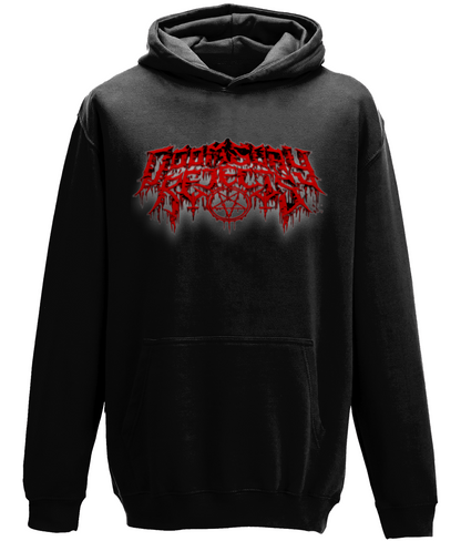 DOOMSDAY REJECTS Black hoodie with front and back print.  Features red band logo on front with full back print.  Made from cotton faced fabric, it is an essential for any hoodie lover.   Fabric 80% ringspun cotton/20% polyester.