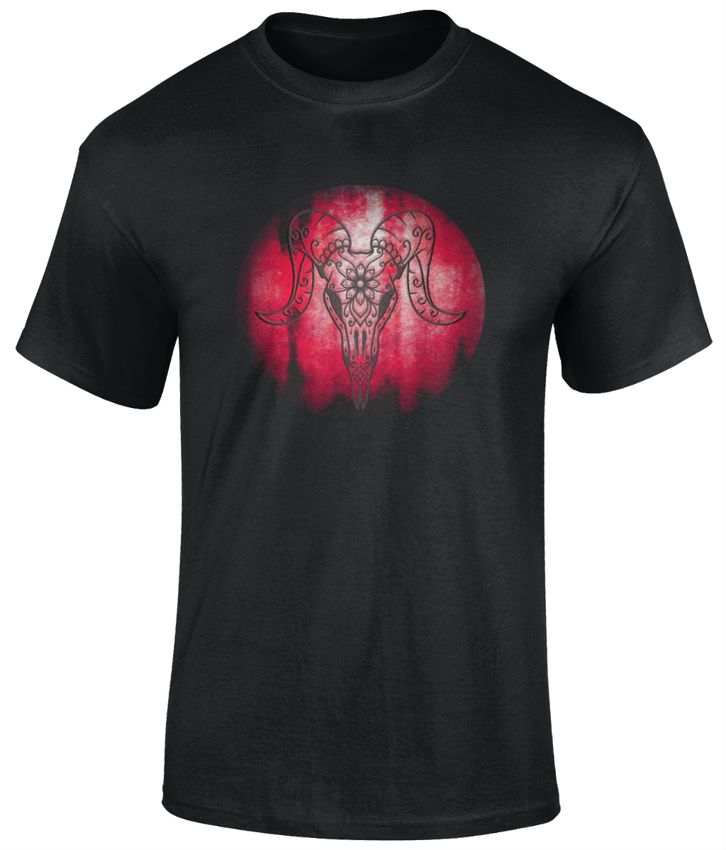 POISON VALLEY CLOTHING "SUGAR GOAT SKULL" unisex t shirt  Original artwork by Poison Valley Clothing.     Material: 100% cotton.  Seamless twin needle collar. Taped neck and shoulders. Tubular body. Twin needle sleeves and hem. Black Sizes: S, L ,XL, XXL, 3XL, 4XL, 5XL