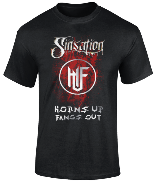 SINSATION "LOGO BLOOD SPLAT"  Material: 100% cotton.  Seamless twin needle collar. Taped neck and shoulders. Tubular body. Twin needle sleeves and hem. Black Sizes small to 5XL