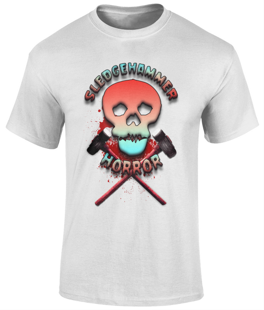 POISON VALLEY CLOTHING "SLEDGEHAMMER HORROR HAMMERED" unisex t shirt  Material: 100% cotton.  Seamless twin needle collar. Taped neck and shoulders. Tubular body. Twin needle sleeves and hem. Available in Black or White Sizes small to 5XL