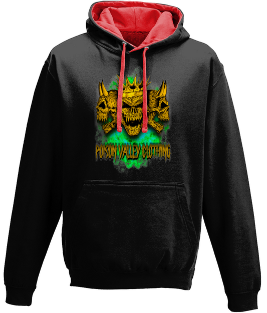 "KING OF THE DEAD" Deluxe hoodie with HUGE backprint.  Material: 80% ringspun cotton/20% polyester.  Drop shoulder style. Soft cotton faced fabric. Double fabric hood with contrast inner. Contrast flat lace drawcord. Ribbed cuffs and hem. Twin needle stitching. WRAP Certified Production SIZES Extra small to 3XL Weight: 280 gsm