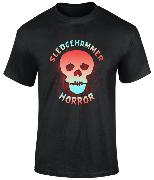 POISON VALLEY CLOTHING "SLEDGEHAMMER HORROR BLOODSPLAT" unisex t shirt   Material: 100% cotton.  Seamless twin needle collar. Taped neck and shoulders. Tubular body. Twin needle sleeves and hem. Available in Black or White Sizes small to 5XL