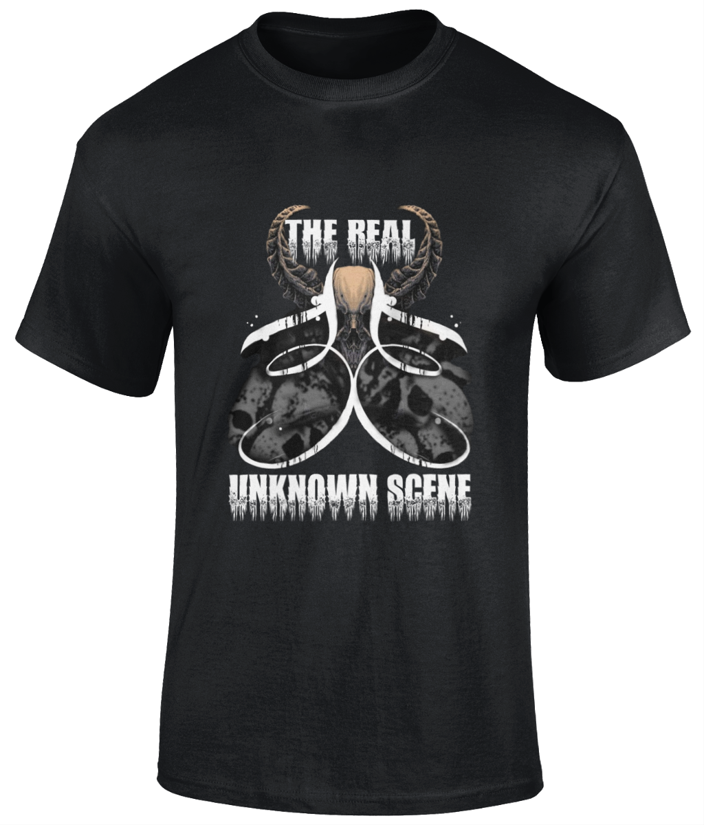 THE REAL UNKNOWN SCENE Black unisex t shirt  Material: 100% cotton.  Seamless twin needle collar. Taped neck and shoulders. Tubular body. Twin needle sleeves and hem. Colour: Black Sizes small to 5XL