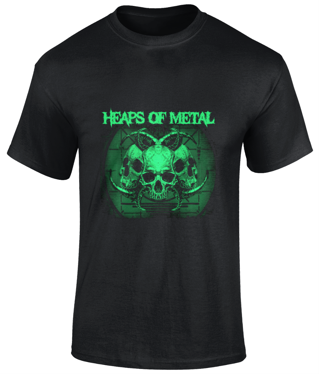 POISON VALLEY CLOTHING "HEAPS OF METAL ARTWORK" in green on black unisex t shirt  Material: 100% cotton.  Seamless twin needle collar. Taped neck and shoulders. Tubular body. Twin needle sleeves and hem. Sizes small to 5XL