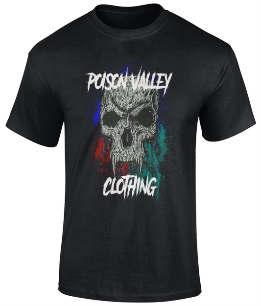 POISON VALLEY CLOTHING "VAMPIRE SKULL"  Original art work by David Pankhurst.  Material: 100% cotton.*  Seamless twin needle collar. Taped neck and shoulders. Tubular body. Twin needle sleeves and hem. Black Sizes small to 5XL