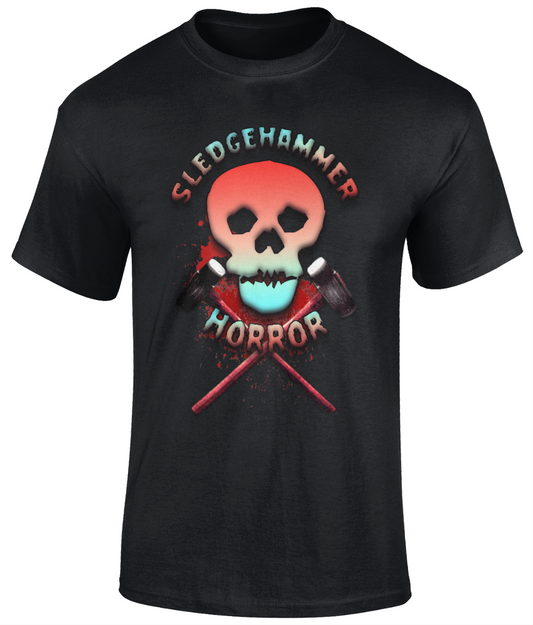 POISON VALLEY CLOTHING "SLEDGEHAMMER HORROR HAMMERED" unisex t shirt  Material: 100% cotton.  Seamless twin needle collar. Taped neck and shoulders. Tubular body. Twin needle sleeves and hem. Available in Black or White Sizes small to 5XL