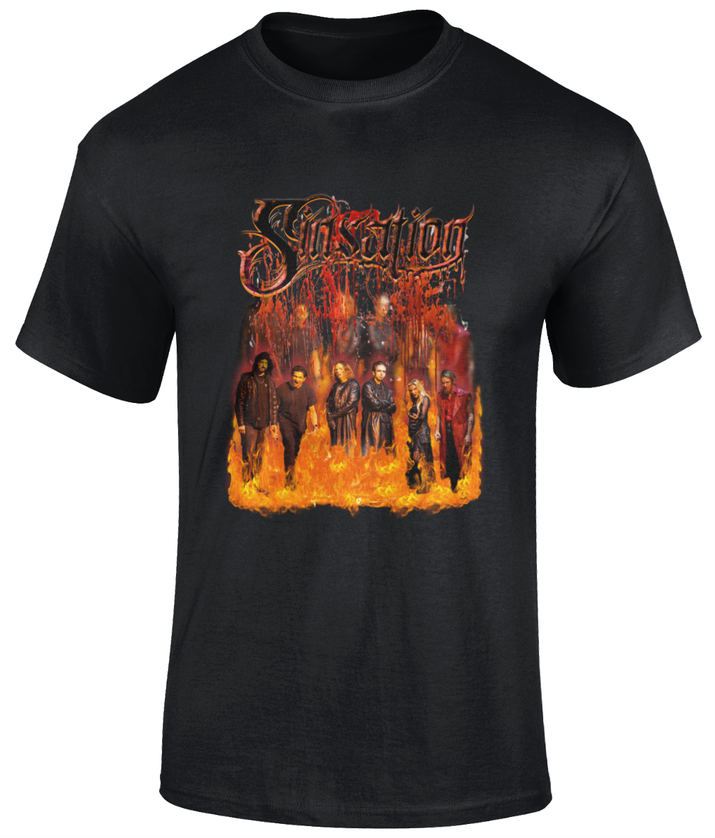 Poison Valley clothing presents "SINSATION ON FIRE"  Full colour image on black cotton gilden t shirt.  Material: 100% cotton.  Seamless twin needle collar. Taped neck and shoulders. Tubular body. Twin needle sleeves and hem. Sizes: Small, medium, large, XL, 2XL, 3XL, 4XL, 5XL 