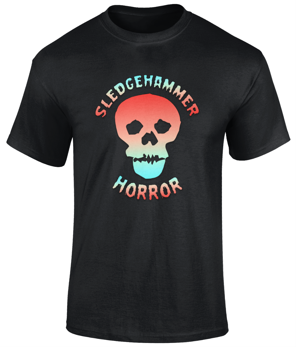 POISON VALLEY CLOTHING "SLEDGEHAMMER HORROR logo" unisex t shirt  Material: 100% cotton  Seamless twin needle collar. Taped neck and shoulders. Tubular body. Twin needle sleeves and hem. Available in Black or White Sizes small to 5XL