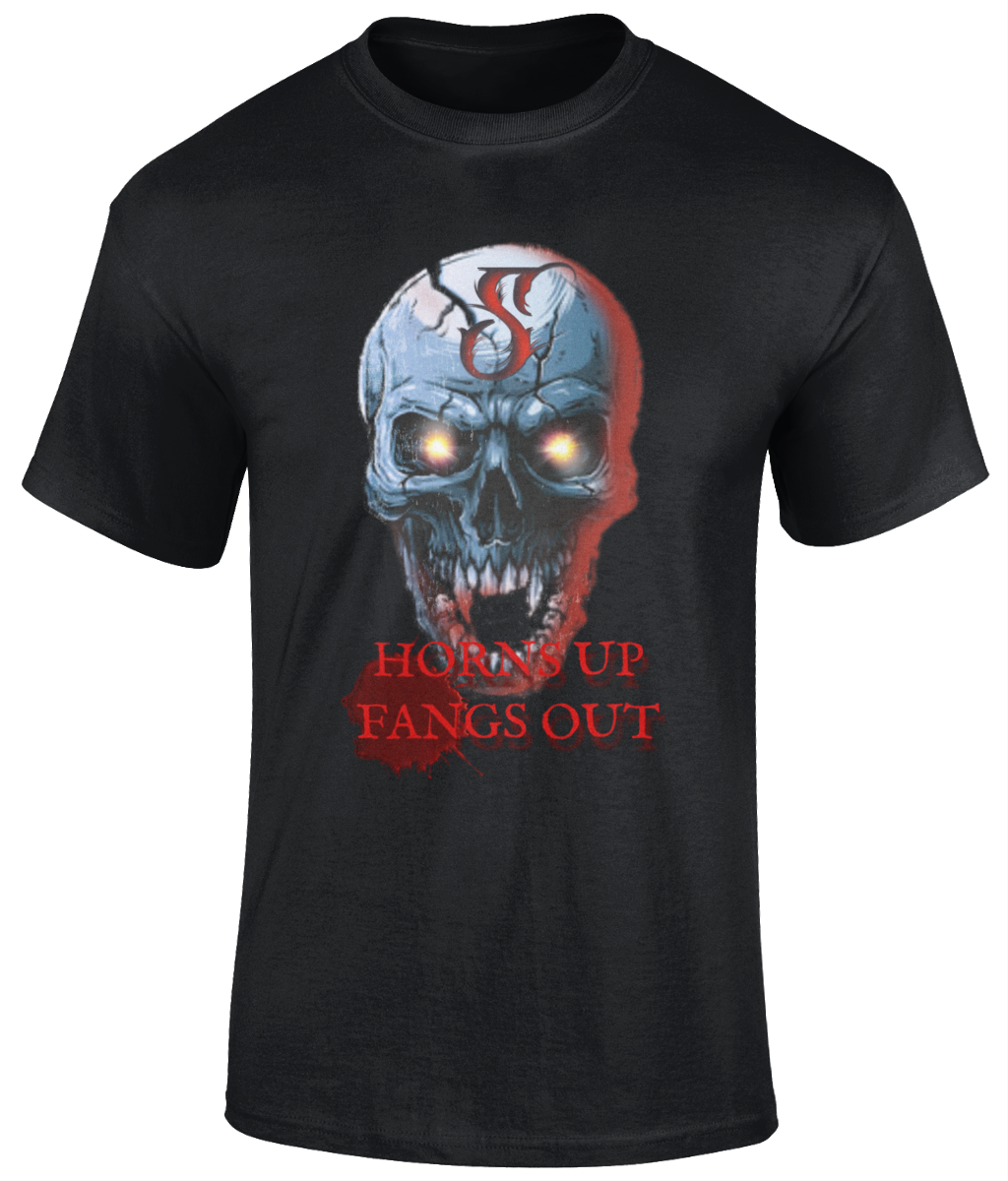 We are pleased to have the official SINSATION shirt "HORNS UP FANGS OUT!"  Material: 100% cotton.  Seamless twin needle collar. Taped neck and shoulders. Tubular body. Twin needle sleeves and hem. Black Sizes small to 5XL Support the US Vampire rock band!