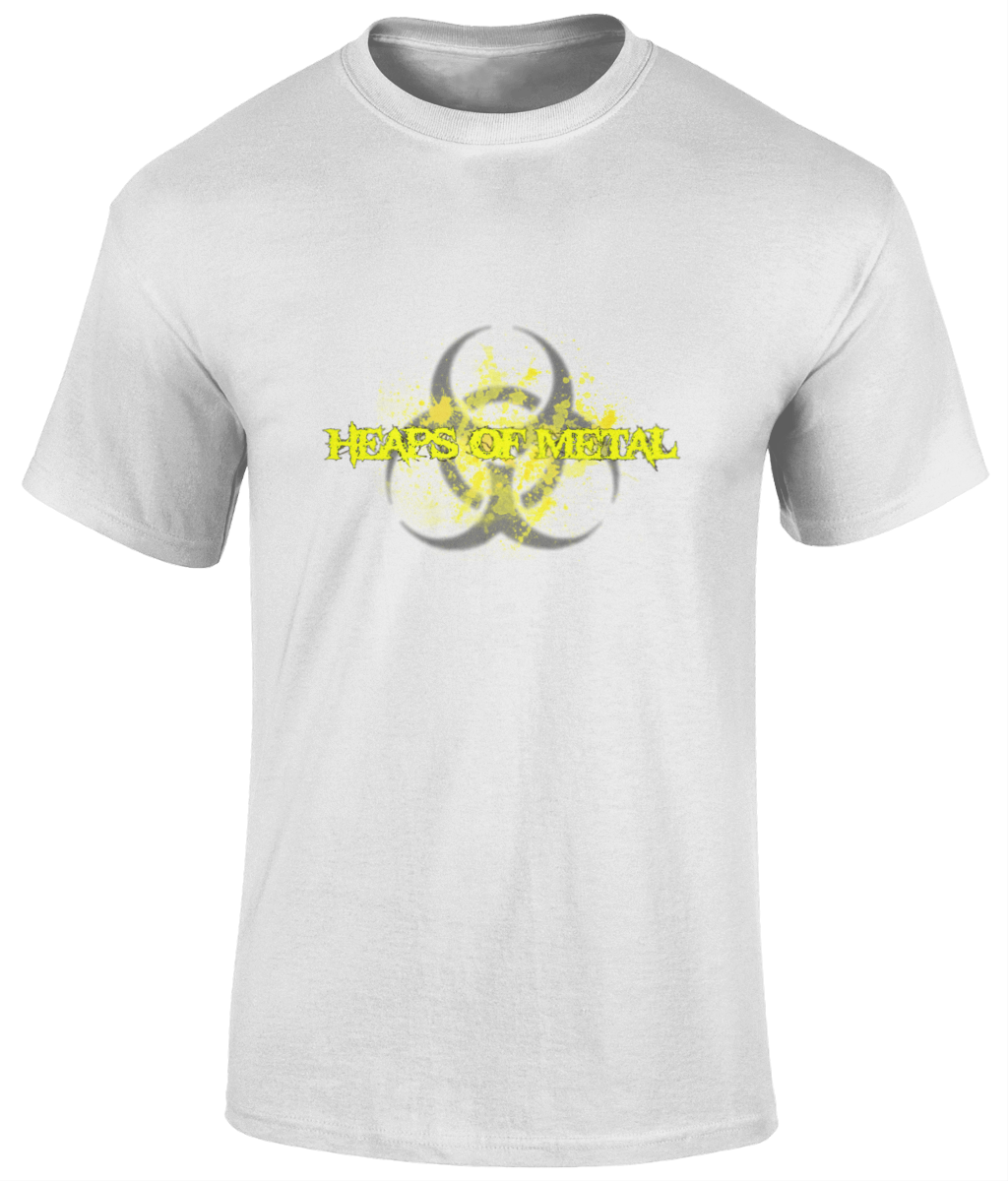 POISON VALLEY CLOTHING "HEAPS OF METAL BIOHAZARD YELLOW" unisex t shirt  Material: 100% cotton.  Seamless twin needle collar. Taped neck and shoulders. Tubular body. Twin needle sleeves and hem. Available in Black or White Sizes small to 5XL