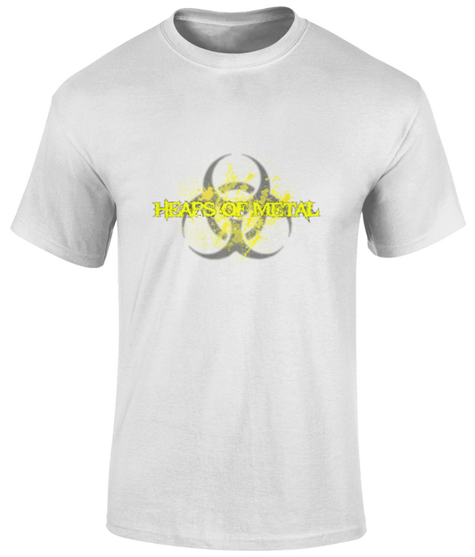 POISON VALLEY CLOTHING "HEAPS OF METAL BIOHAZARD YELLOW" unisex t shirt  Material: 100% cotton.  Seamless twin needle collar. Taped neck and shoulders. Tubular body. Twin needle sleeves and hem. Available in Black or White Sizes small to 5XL