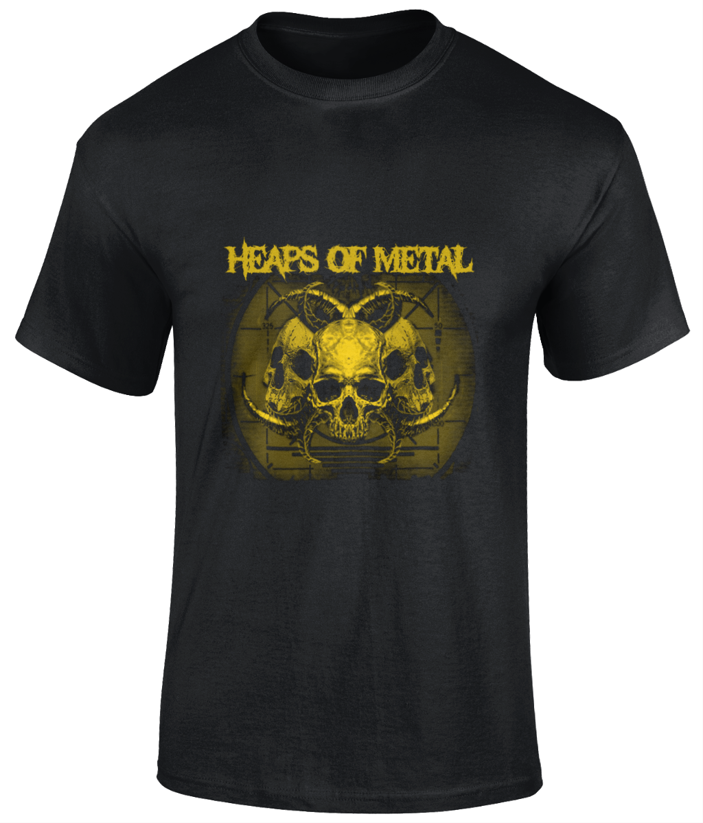 POISON VALLEY CLOTHING "HEAPS OF METAL ARTWORK YELLOW" unisex t shirt  Black t shirt with artwork  Material: 100% cotton.  Seamless twin needle collar. Taped neck and shoulders. Tubular body. Twin needle sleeves and hem. sizes small to 5XL