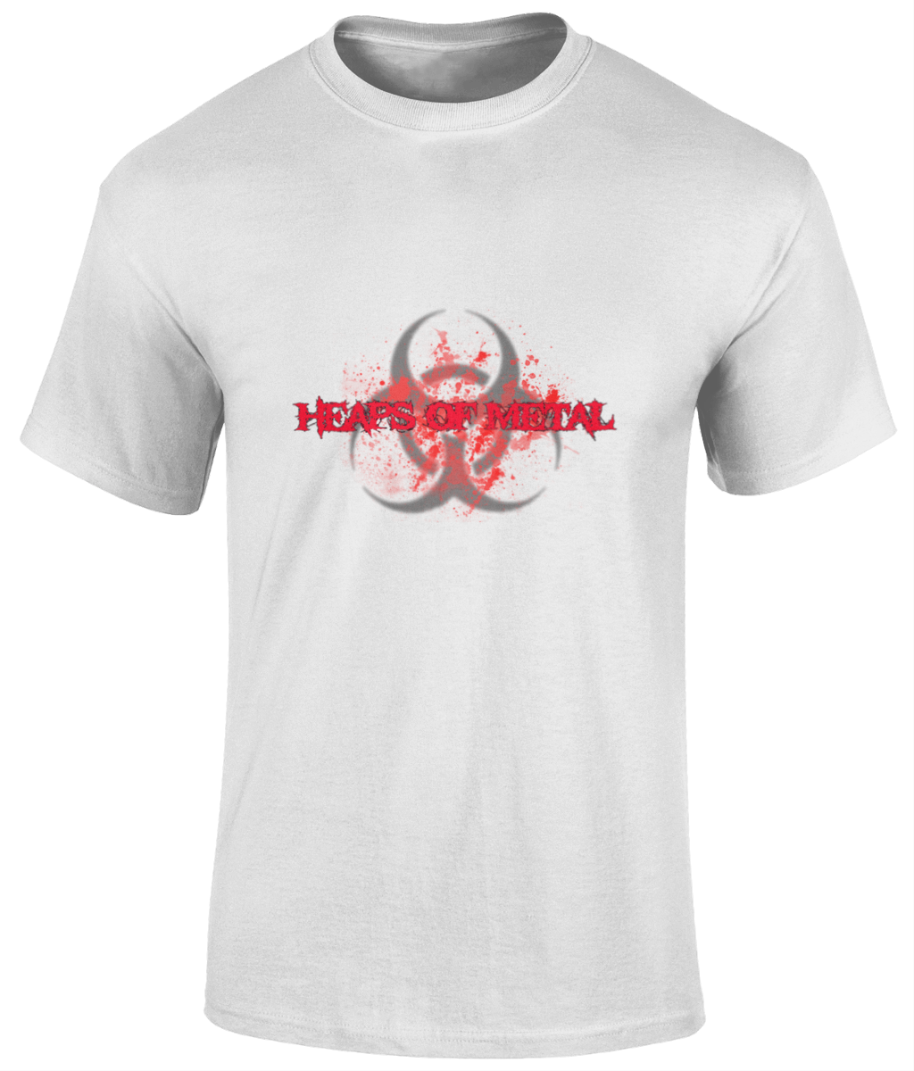 POISON VALLEY CLOTHING "HEAPS OF METAL BIOHAZARD RED" unisex t shirt  Material: 100% cotton.*  Seamless twin needle collar. Taped neck and shoulders. Tubular body. Twin needle sleeves and hem. Available in Black or white Sizes small to 5XL