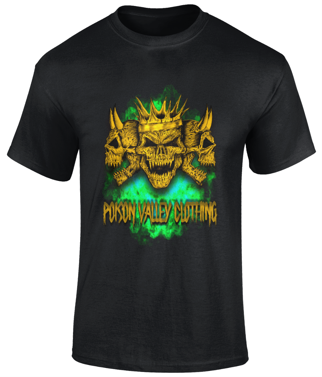 POISON VALLEY CLOTHING presents  "KING OF THE DEAD" original artwork by David Pankhurst  Material: 100% cotton.*  Seamless twin needle collar. Taped neck and shoulders. Tubular body. Twin needle sleeves and hem Available in Black, White. Sizes small to 5XL