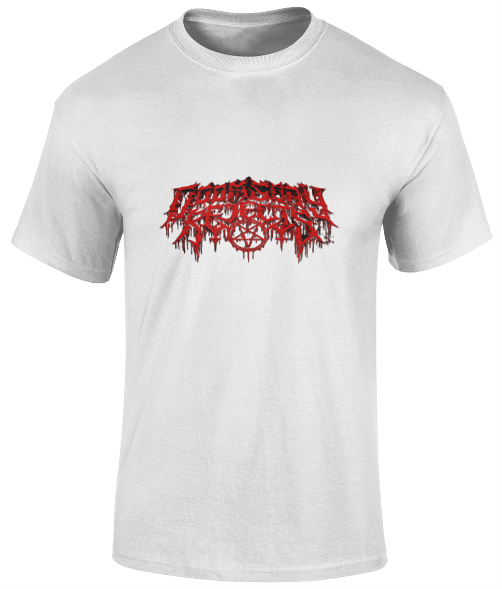 DOOMSDAY REJECTS "RED LOGO" unisex t shirt  Material: 100% cotton.  Seamless twin needle collar. Taped neck and shoulders. Tubular body. Twin needle sleeves and hem. Colours: Black, White Sizes small to 5XL