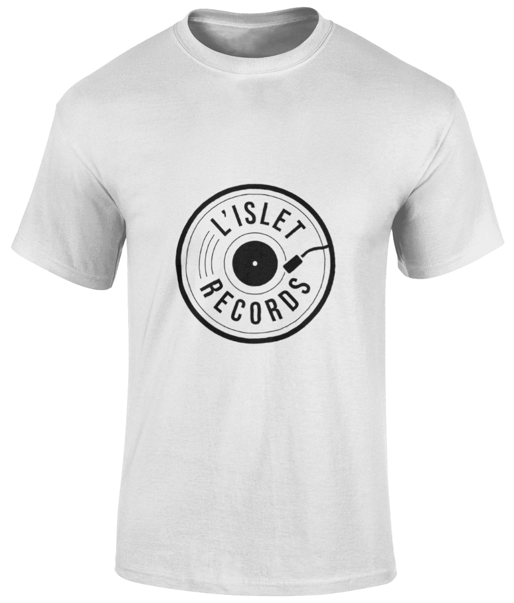 L'islet Records black logo on white cotton t shirt.  Material: 100% cotton.  Seamless twin needle collar. Taped neck and shoulders. Tubular body. Twin needle sleeves and hem. White Sizes small to 5XL