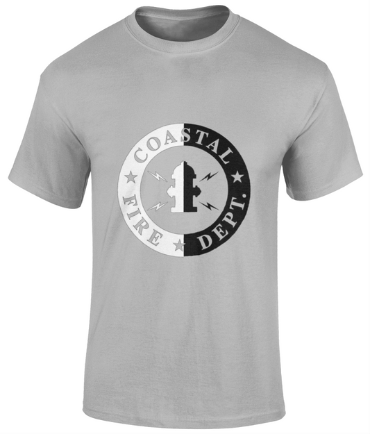 COASTAL FIRE DEPT "black and white logo" on grey unisex t shirt  Material: 100% cotton.  Seamless twin needle collar. Taped neck and shoulders. Tubular body. Twin needle sleeves and hem. Colour Grey Sizes small to 5XL